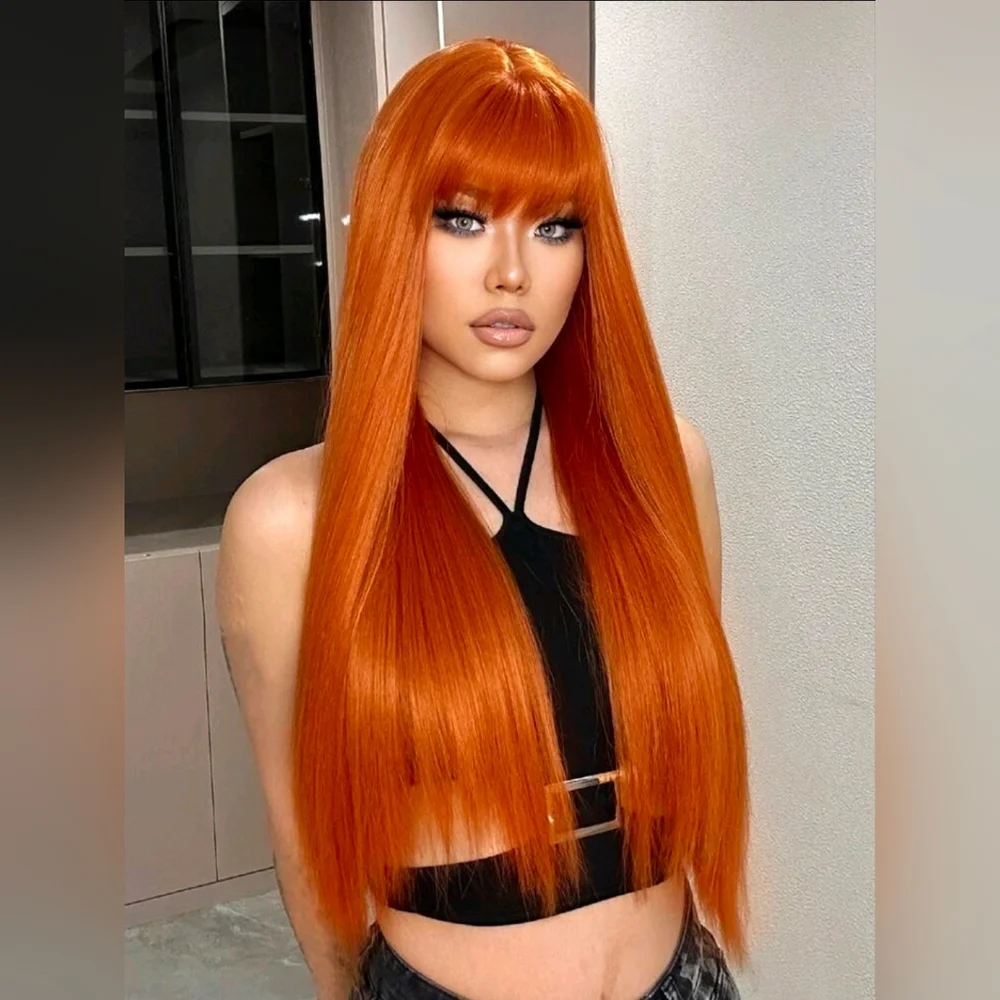 28 Inch Ginger Orange Straight Synthetic Hair Wig With Bang